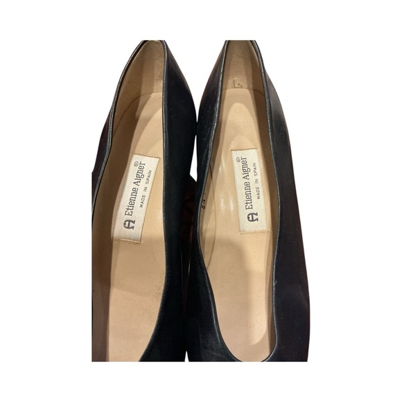 Etienne Aigner Black Leather Patent Cap Toe Pumps Block Heel 8.5 M Retro Classic - Picture 4 of 8